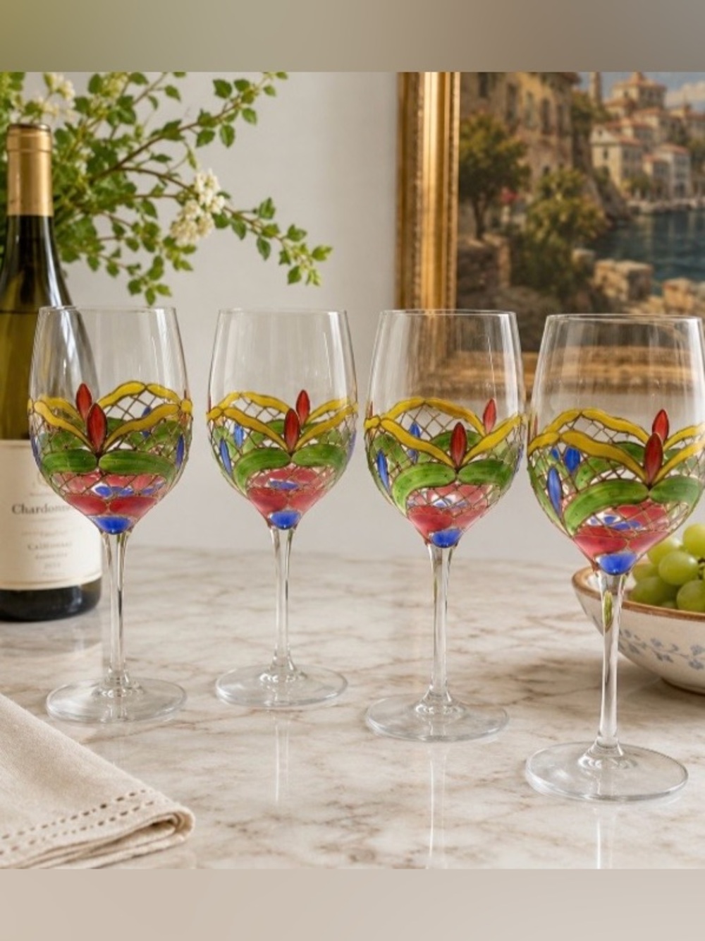 Orleans Romanian Crystal Wine Glasses Colorful Vibrant Hand-Painted Set of 4